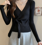 Sensual V-Neck Cross Tie Crop Top with Long Sleeves