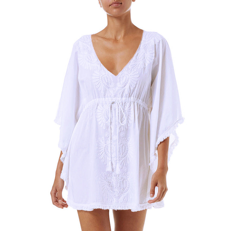 Loose V-Neck Embroidered Beach Cover-Up for Women
