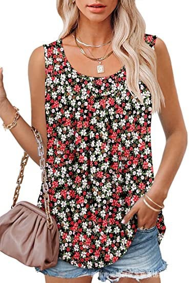Summer Loose Pleated Printed Round Neck Tank Top for Women