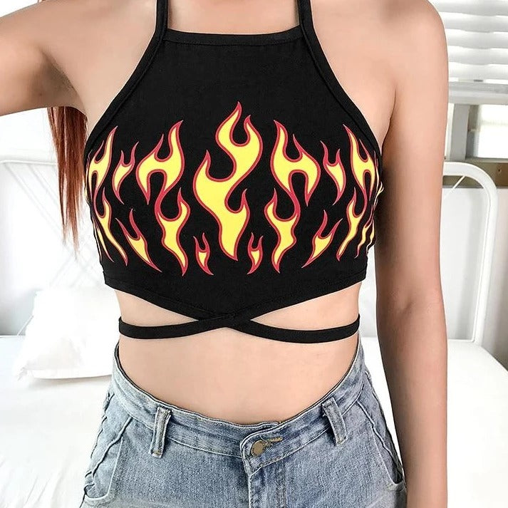 Flame Print Crop Top with High Waist Design
