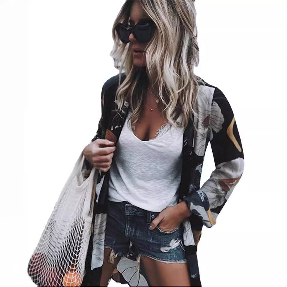 Printed Chiffon Cardigan, Long Beach Cover-Up
