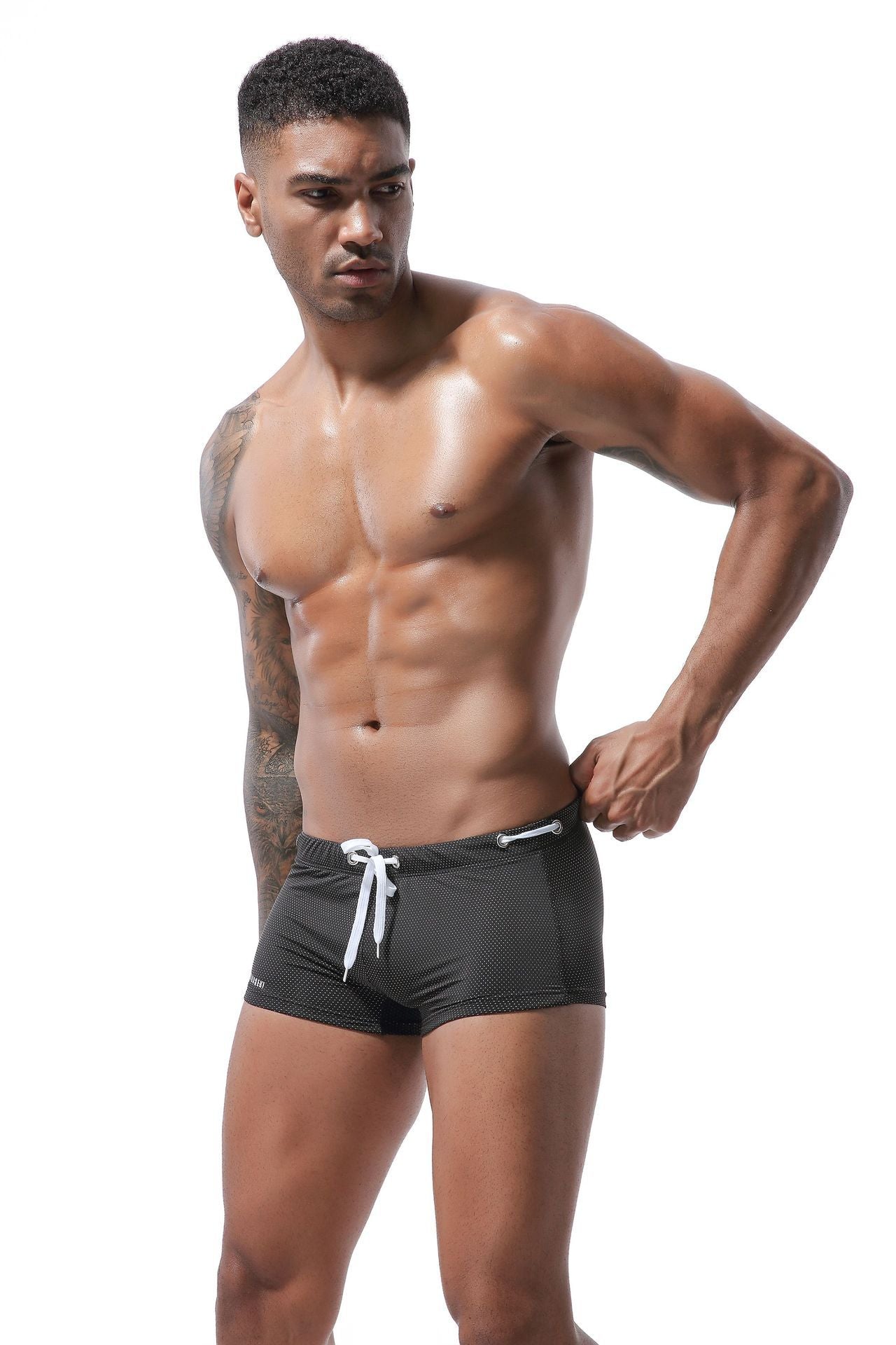 Men's Low-Waist Tie Boxer Swim Trunks