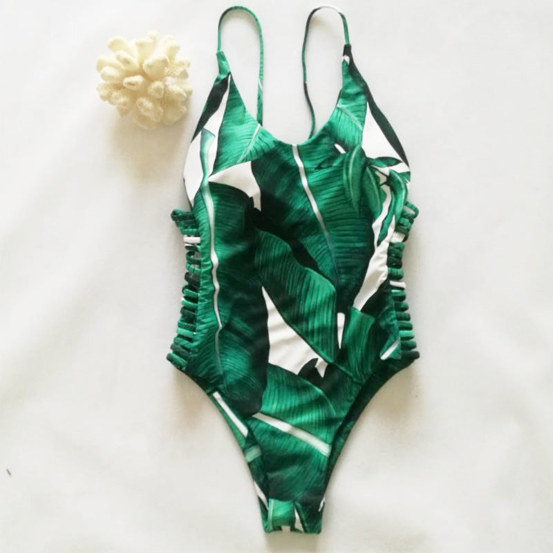 Tropical Leaf Print Strappy One-Piece Swimsuit