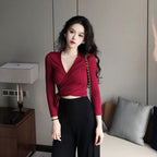 Women's Slim V-neck Long Sleeve Crop Top Fashion