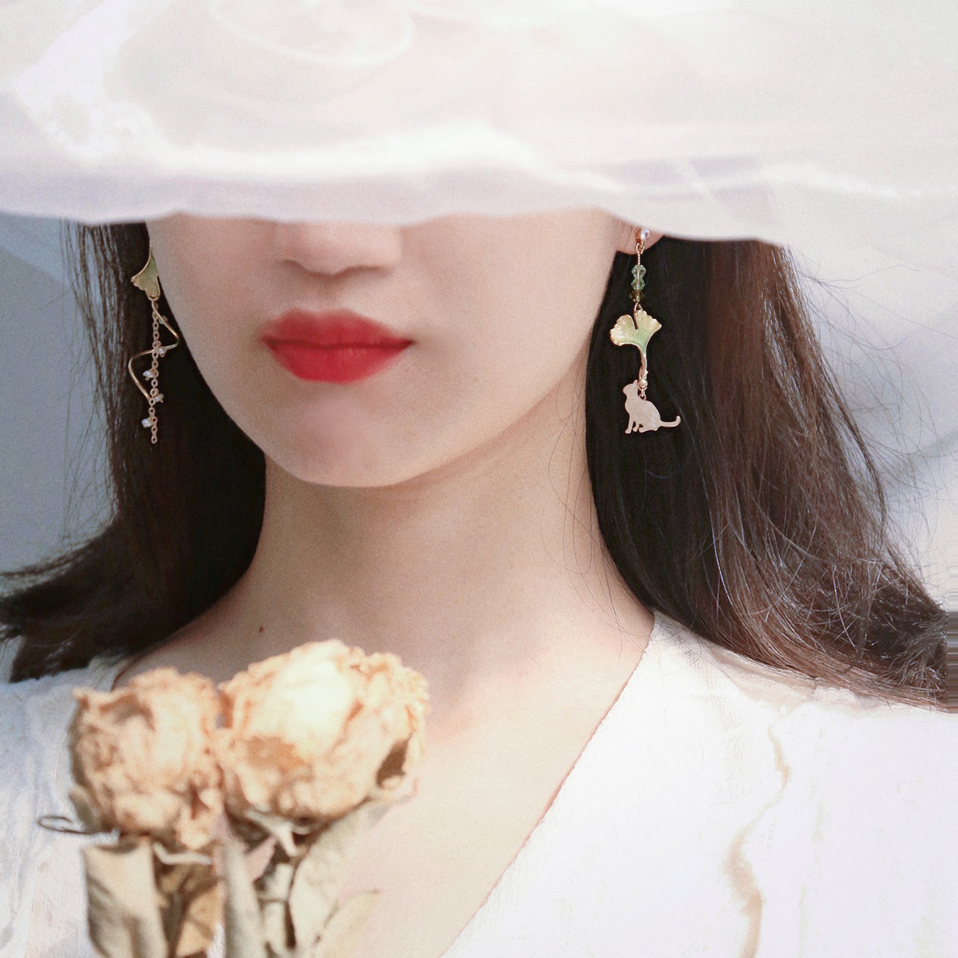 Ginkgo Cat Earrings - Cute and Sweet Student Style