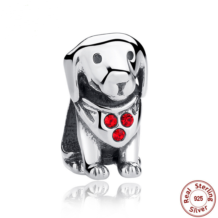 Red Diamond Dog Silver Bracelet with Beads