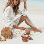 Crochet Lace Long-Sleeve Beach Cover-Up Dress