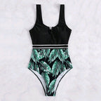 Plus Size Tropical Leaf Print One-Piece Swimsuit
