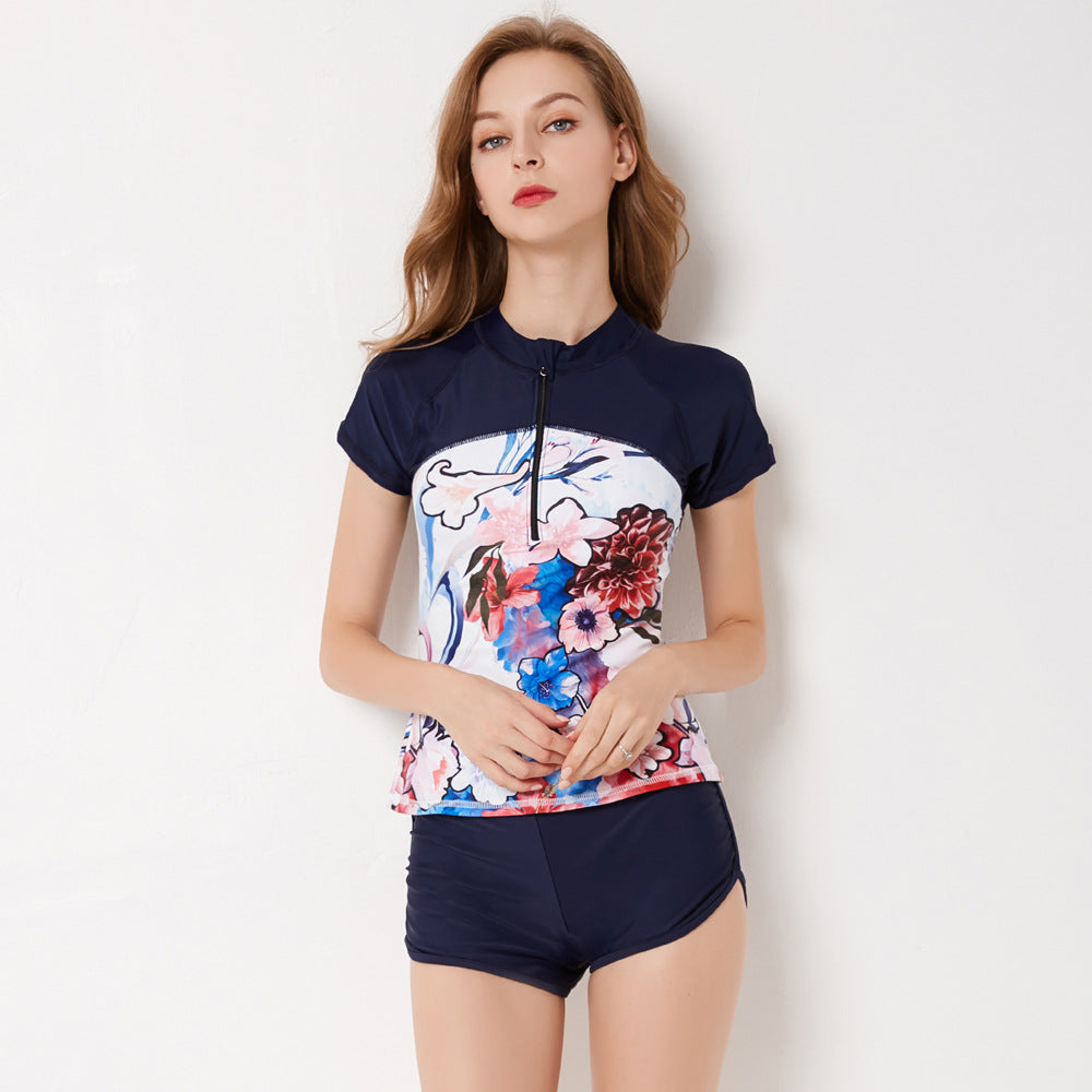 Floral Short-Sleeve Swim Top and Shorts Set