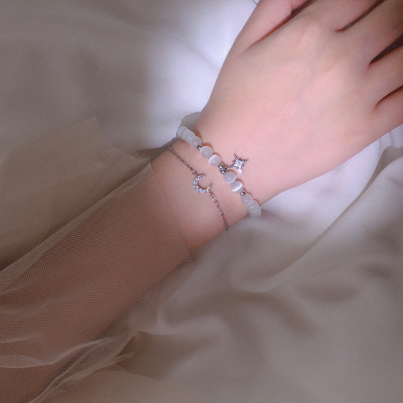 Star and Moon Double-layer Bracelet with Cat's Eye Stone