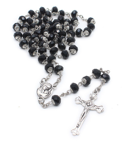Catholic Beaded Necklace with Purple Glass Crucifix