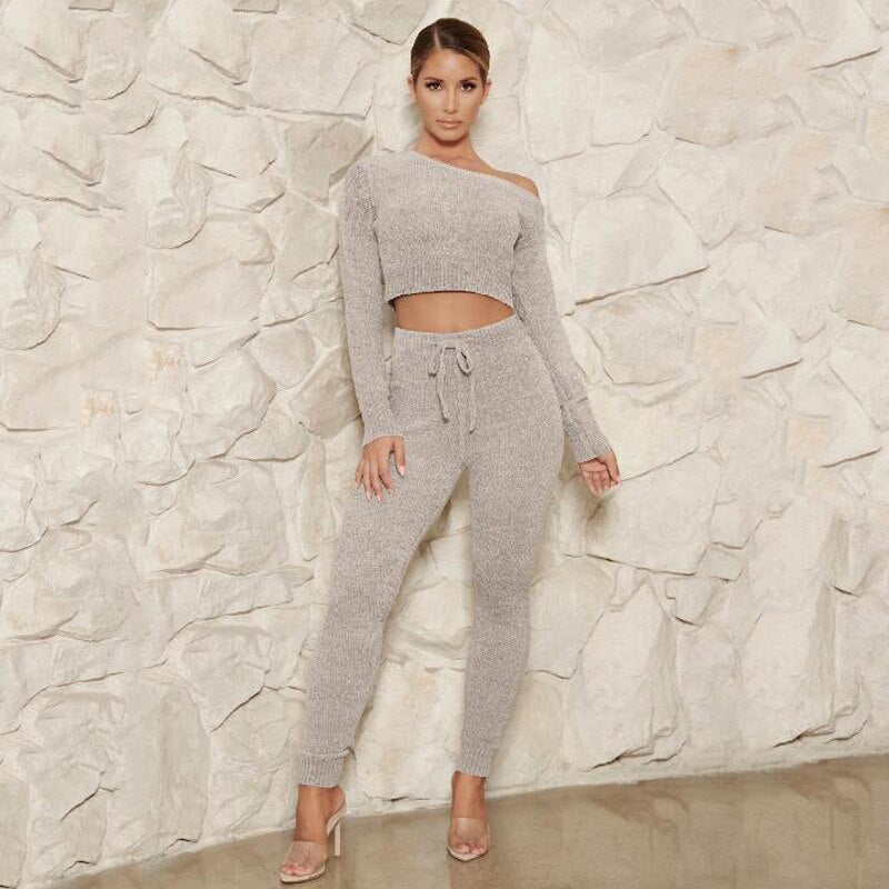 Casual Long Sleeve Crop Top and Pants Set for Women