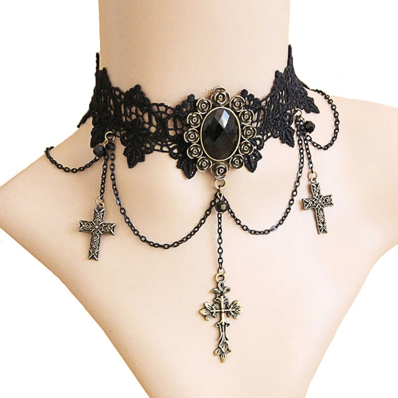 Vintage Harajuku Style Cross Choker Necklace Trio