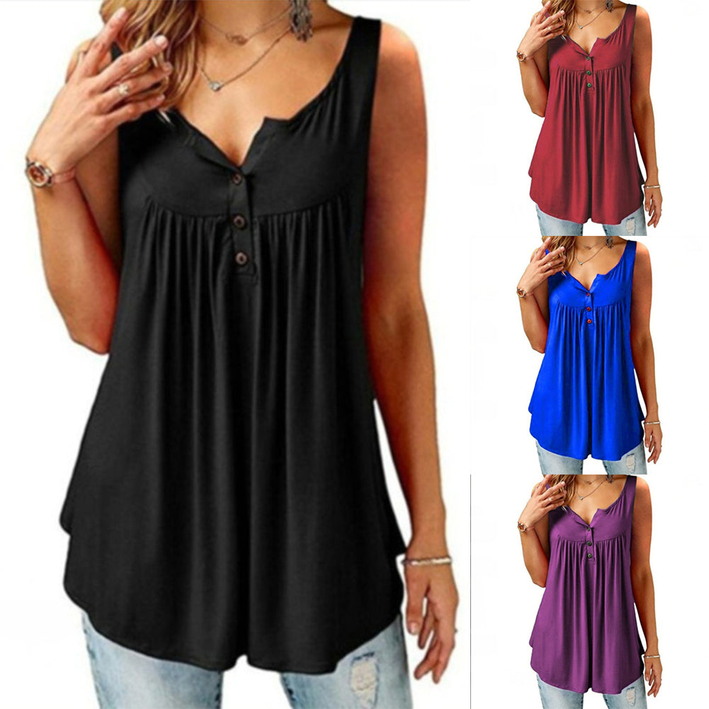 Women's U Neck Sleeveless Pleated Summer Tank Top