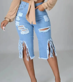 Ladies Stretch Denim Shorts with Fringe and Rips (One Piece)