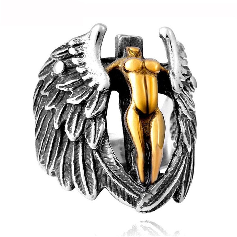 Titanium Steel Men's Vintage Angel Wing Cross Ring