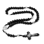 Natural Wood Bead Cross Rosary Necklace Handmade Jewelry