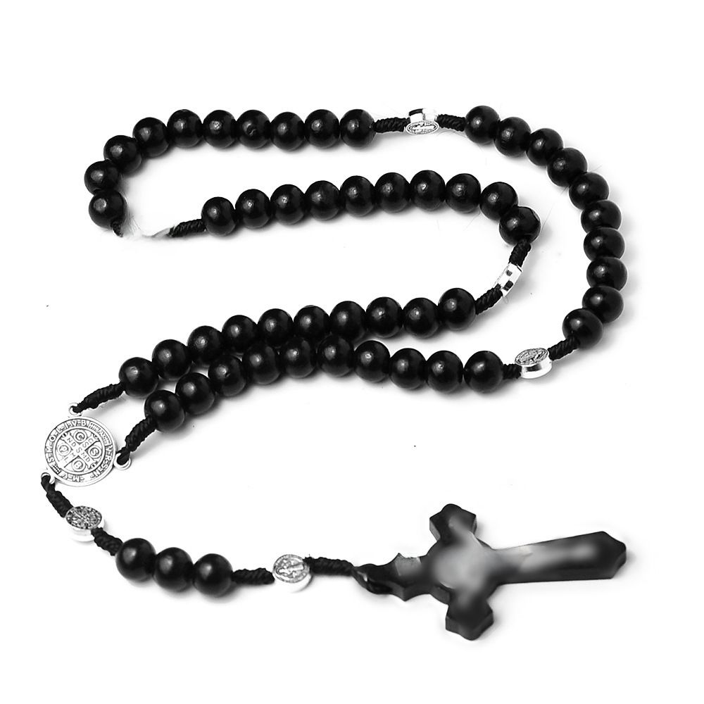 Natural Wood Bead Cross Rosary Necklace Handmade Jewelry