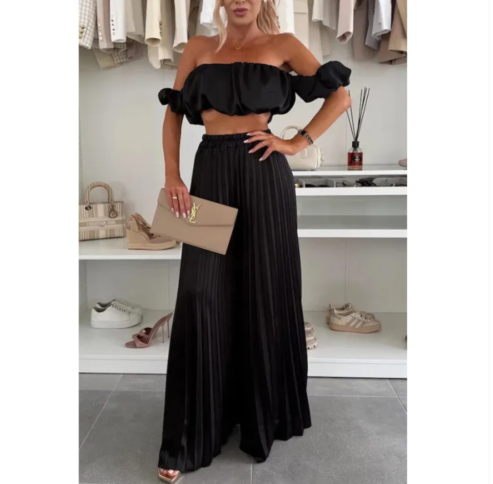 Women’s Satin Tube Top and Wide Leg Pants Set