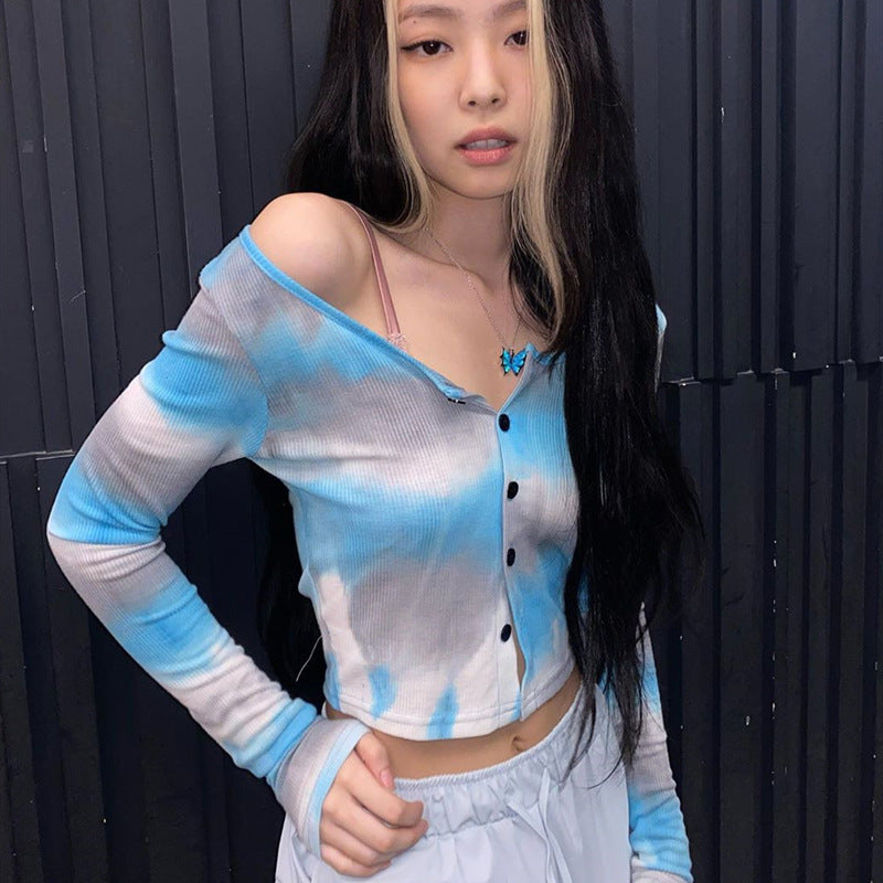 Jennie Style Blue Tie-Dye Long Sleeve Crop Top