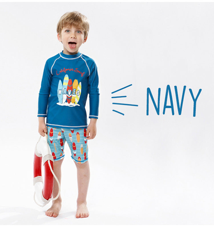 Boys Long-Sleeve UV Rash Guard Swim Set with Cap