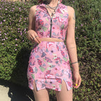Women's Sexy Butterfly Print Zipper Tank Top Set