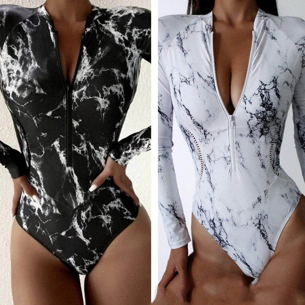 Marble Print Long-Sleeve Zip Rash Guard Swimsuit