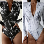 Marble Print Long-Sleeve Zip Rash Guard Swimsuit