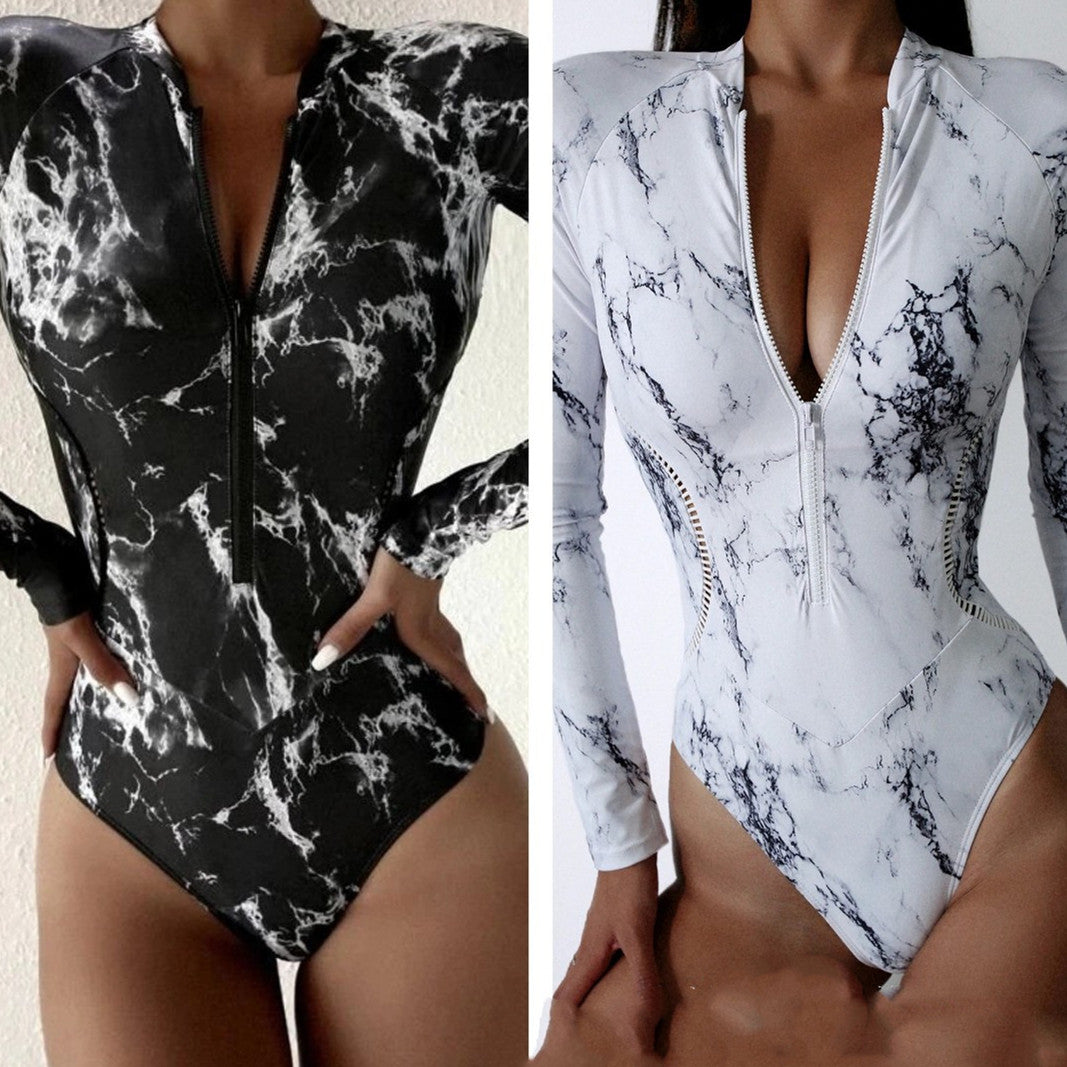 Marble Print Long-Sleeve Zip Rash Guard Swimsuit