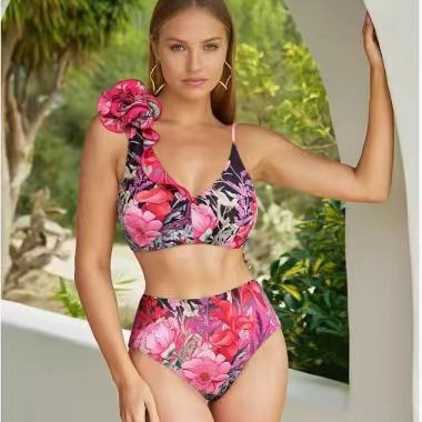 Floral One-Shoulder 3D Flower One-Piece Swimsuit