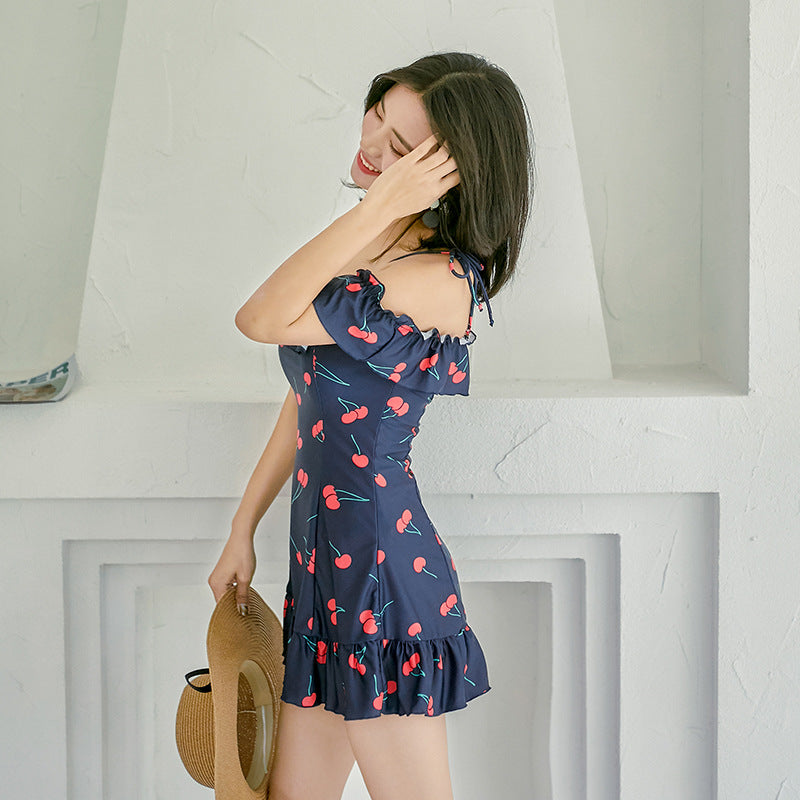 Navy Cherry-Print Cold-Shoulder Swim Dress