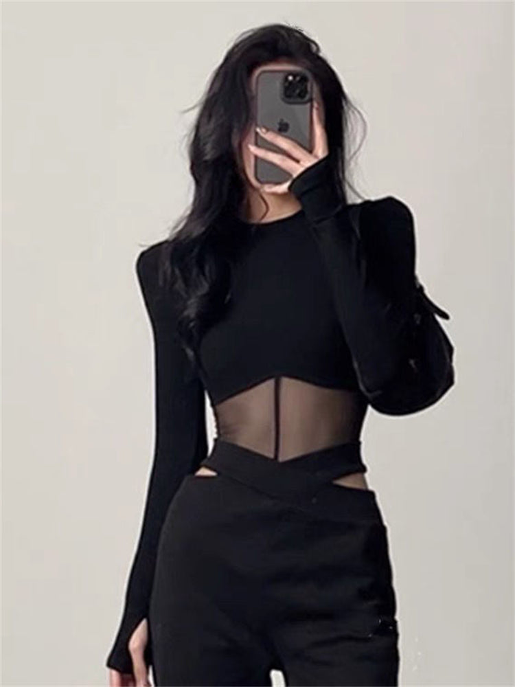 Black Long Sleeve Slim Fit Crop Top for Women