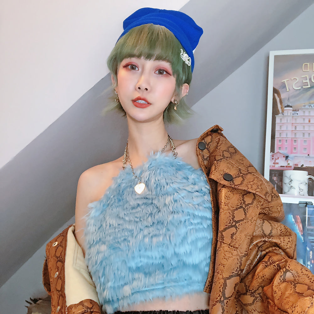 Fuzzy Chain-Neck Halter Tube Top