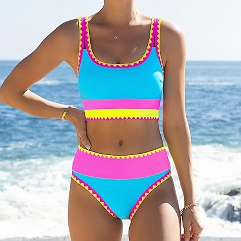 Neon Contrast Trim High-Waist Bikini Set