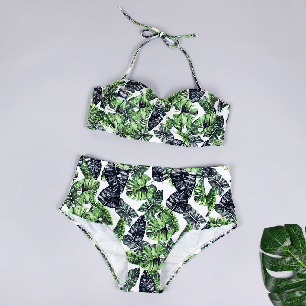 Tropical Floral Bustier High-Waist Bikini Set