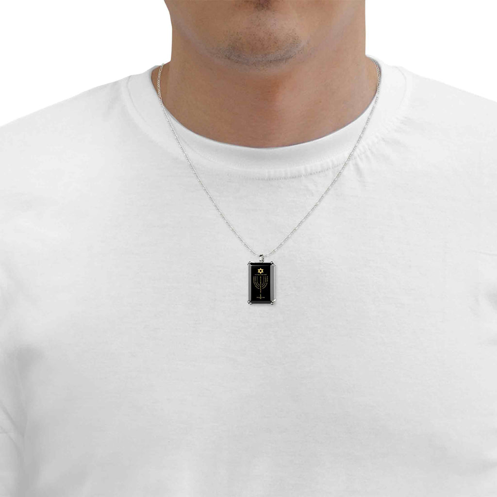 Men's Star of David Necklace Menorah Pendant Psalm 67 Inscribed on Onyx | Jewelry