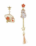 Japanese Cat Cherry Blossom Enamel Clip-On Earrings