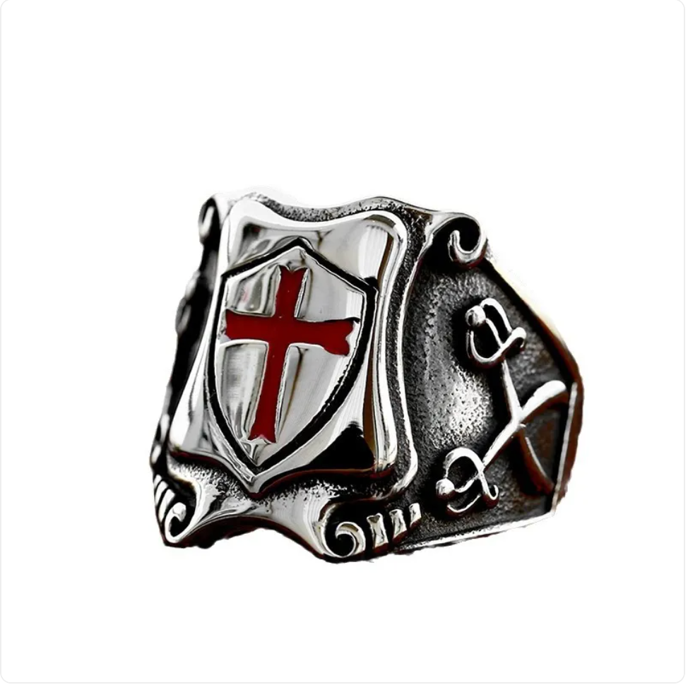 Stainless Steel Cross Shield Epoxy Ring – Bold and Durable Design