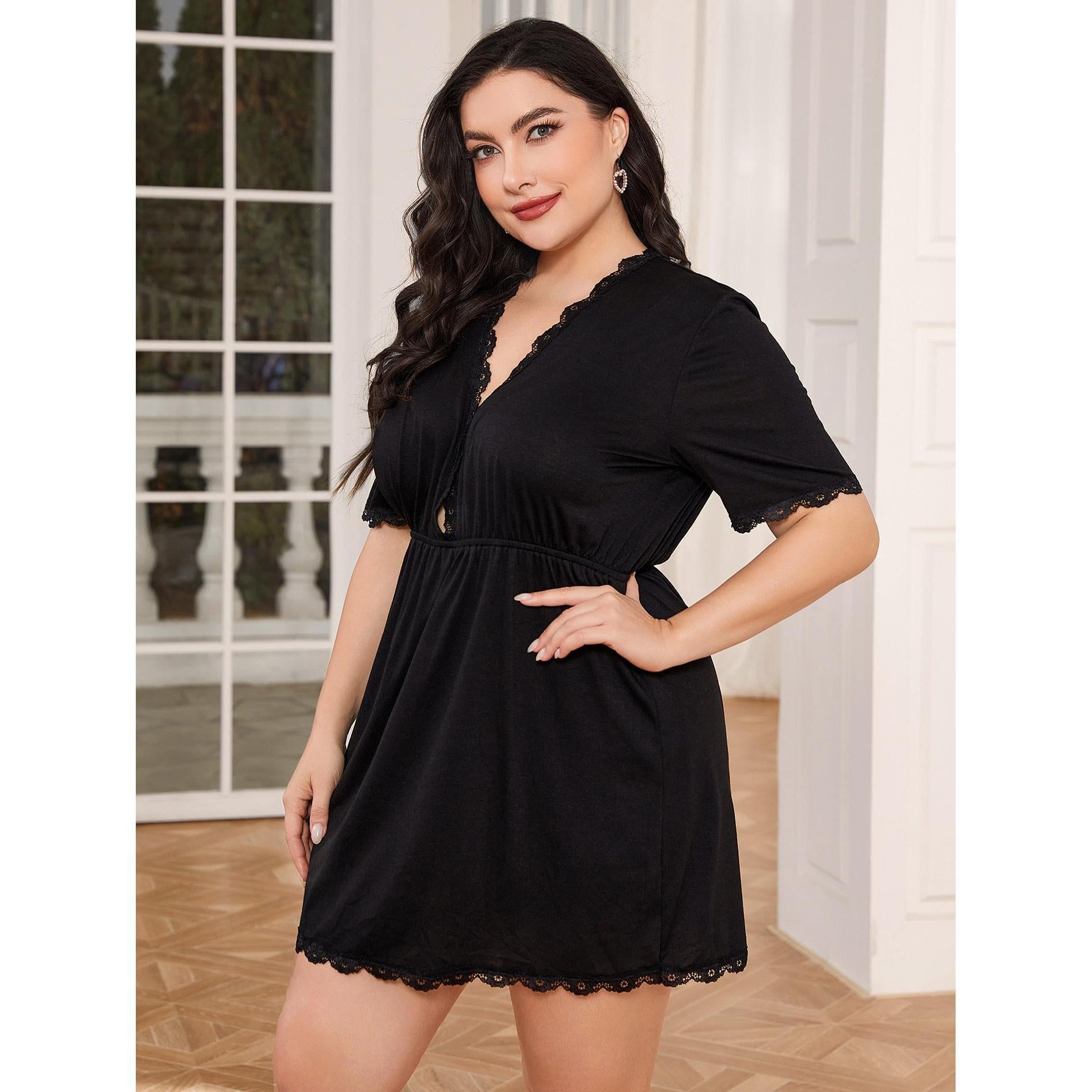 Plus Size Deep V-Neck Short Sleeve Sleepwear for Women