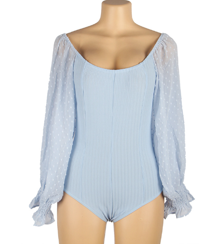 Light Blue Ribbed Long-Sleeve One-Piece Swimsuit