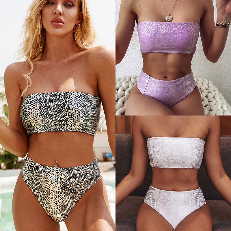 White Croc Print High-Waist Bandeau Bikini Set