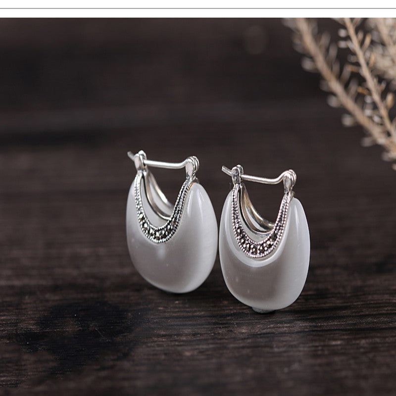 Silver Vintage Cat Eye Stone Earrings (Genuine)