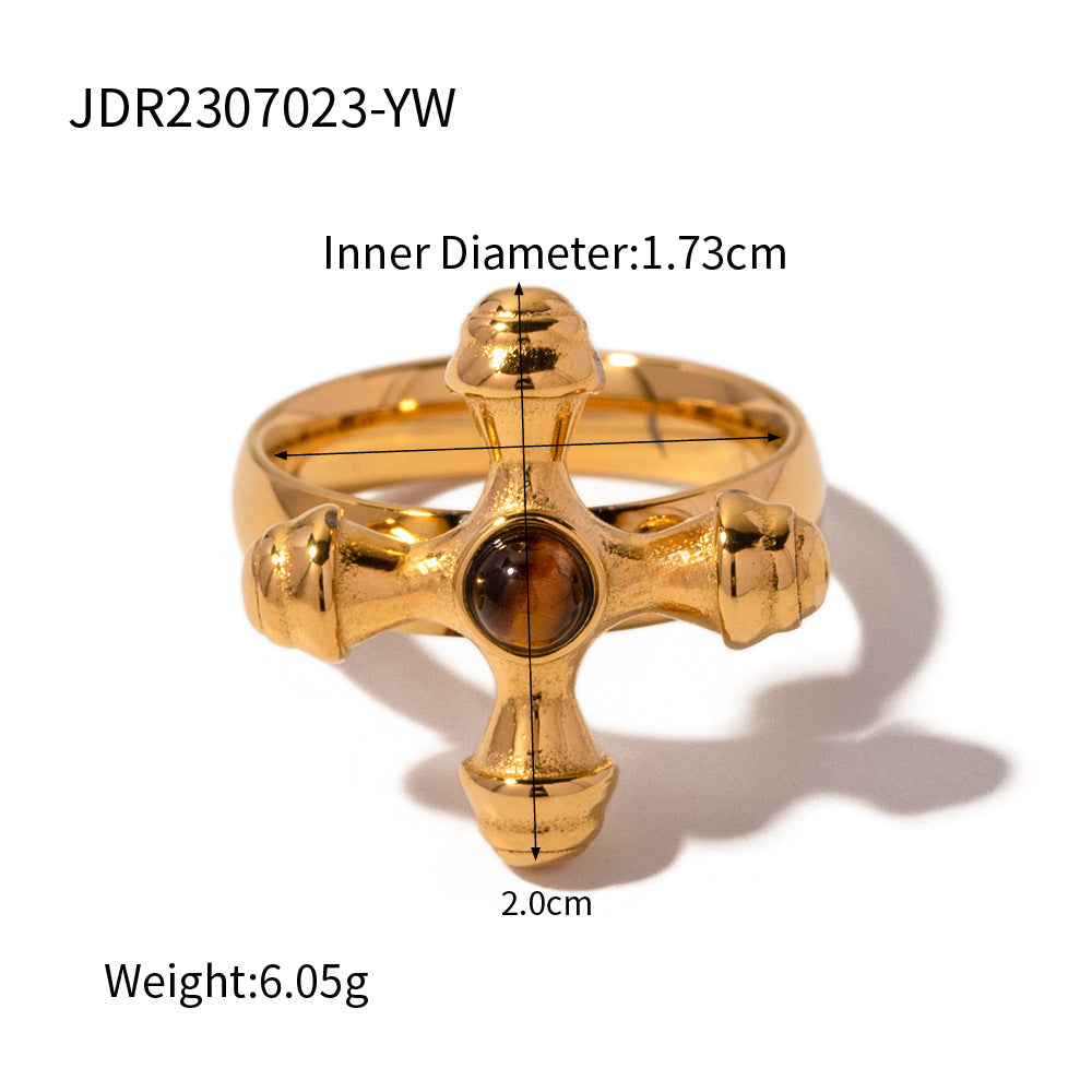 Gold-plated Titanium Steel Ring with Stone Cross for Women