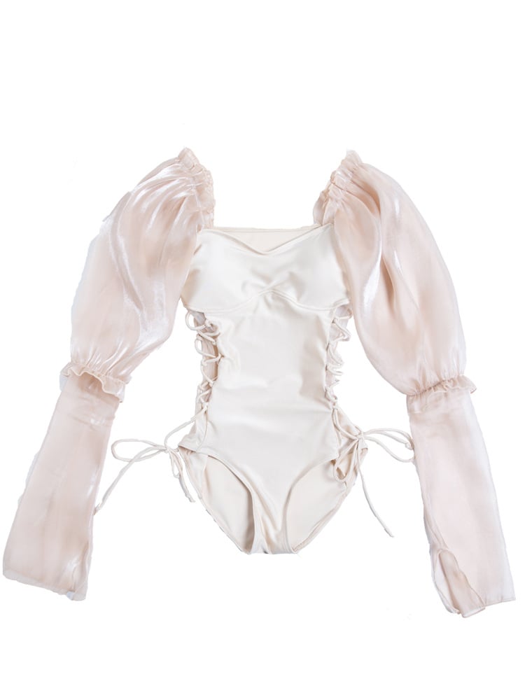 Organza Puff-Sleeve Lace-Up One-Piece Swimsuit