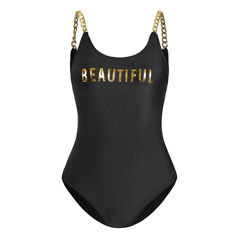 Women's QUEENIN Slogan High-Cut One-Piece Swimsuit