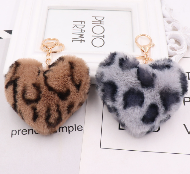 Leopard Print Plush Heart Keychain | Accessory