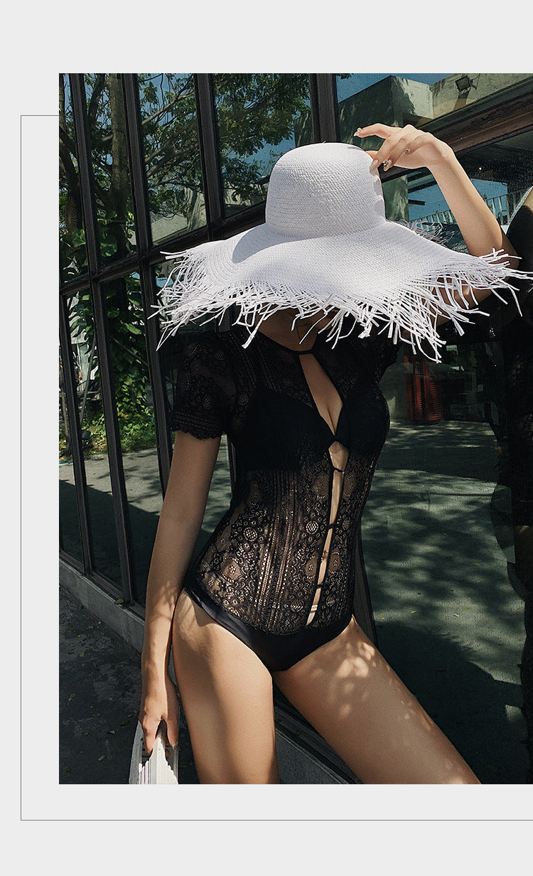 Women's Lace Deep-V Open-Back One-Piece Swimsuit