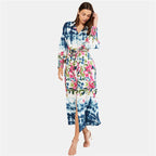 Tie-Dye Floral Long Sleeve Maxi Beach Cover-Up Dress