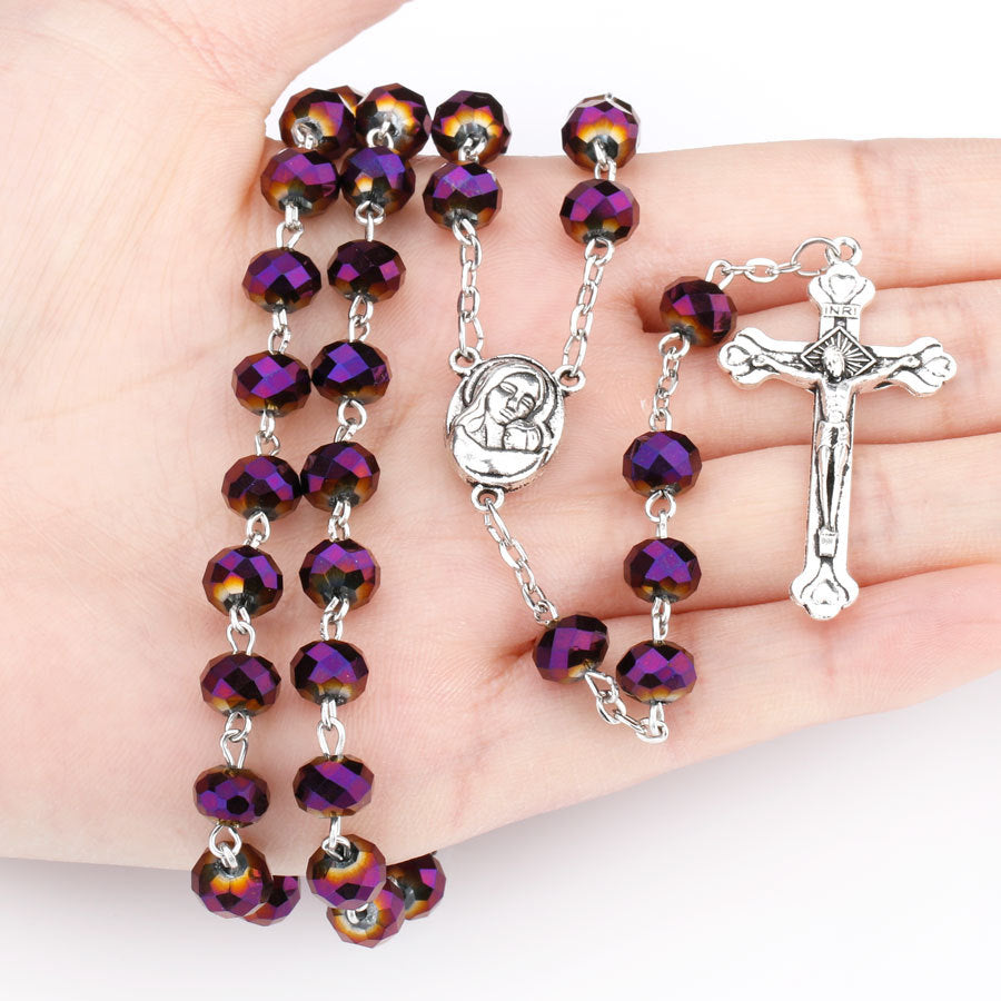 Catholic Beaded Necklace with Purple Glass Crucifix