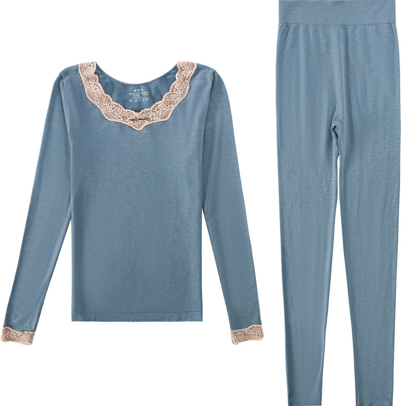 Wool Thermal Underwear Set for Women - Long Sleeve Lace